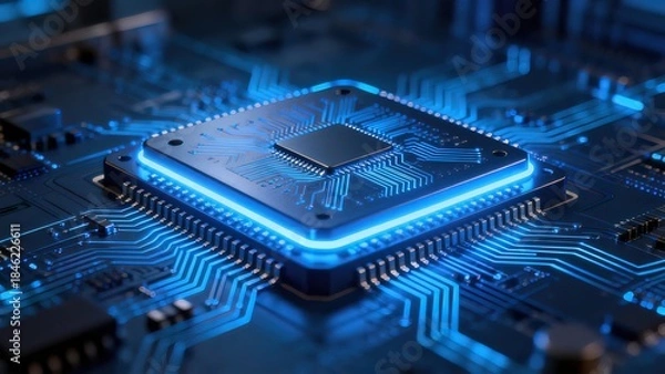 Obraz Microchip on circuit board with glowing blue light