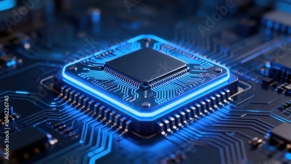 Obraz Closeup of a glowing blue microchip