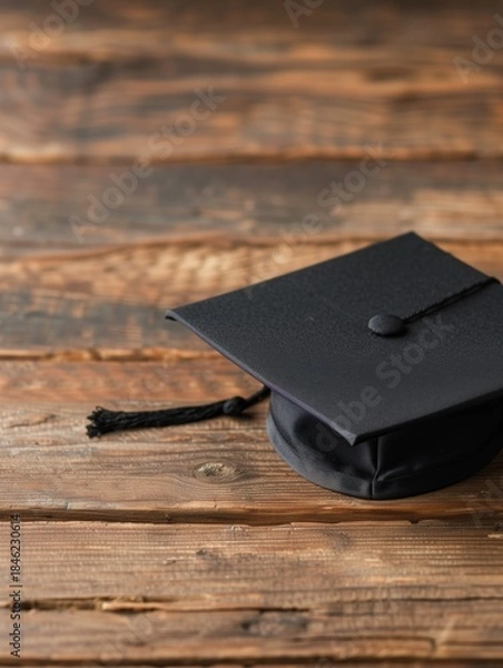 Obraz Black Bachelor's Hat, Wooden Background Graduation Theme