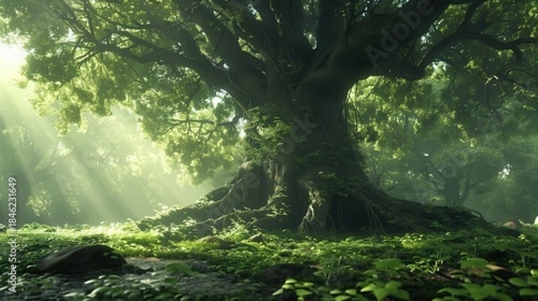 Fototapeta Giant ancient trees in the morning mist as a natural landscape