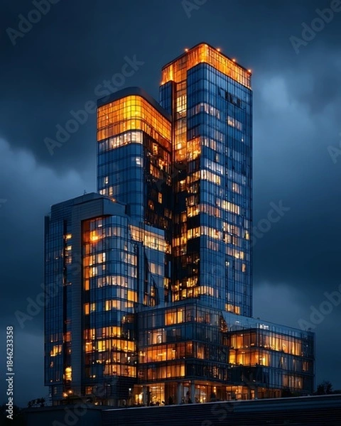 Obraz Modern glass skyscraper glowing at night high resolution photo