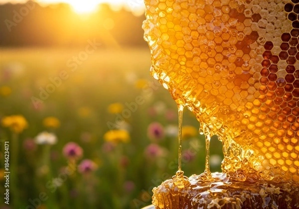 Obraz 자연 들판 속 황금 벌집과 흐르는 꿀