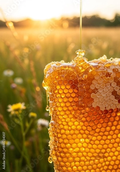 Obraz 자연 들판 속 황금 벌집과 흐르는 꿀