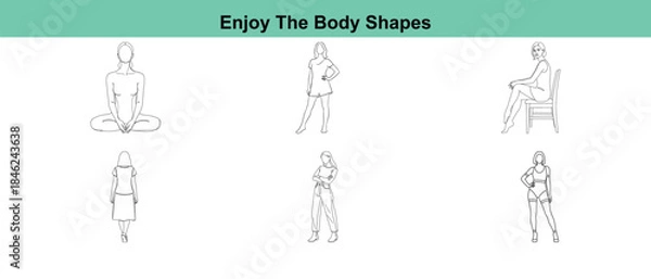 Fototapeta A set of various people in different poses and body shapes in black lines on green background