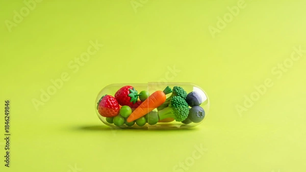 Fototapeta Concept image of a clear nutritional capsule filled with miniature fresh fruits and vegetables like strawberries, carrots, and broccoli, symbolizing healthy diet, supplements, and natural vitamins.