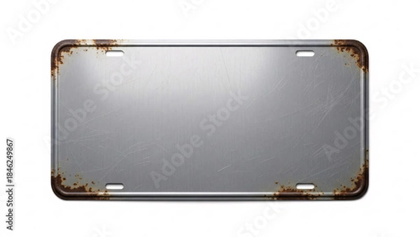 Fototapeta Blank, weathered, and rusty old metal license plate with a worn texture, isolated on a white background, perfect for a customizable vintage vehicle or road trip concept.