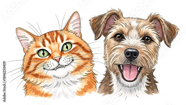 Fototapeta Detailed Hand-Drawn Illustration of a Friendly Ginger Cat and a Happy Scruffy Terrier Dog Together, Ideal for Pet Care and Animal Themes.