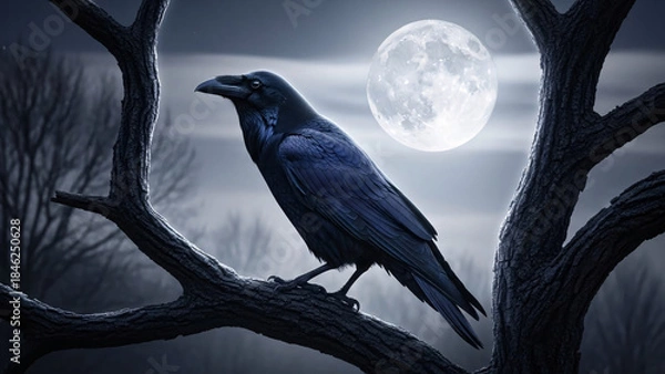 Fototapeta Striking Black Raven Perched on a Gnarled Bare Tree Branch Under a Bright Full Moon and Atmospheric Night Sky, Perfect for Halloween and Mystery.