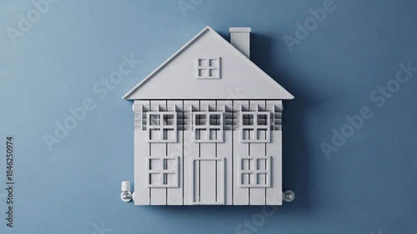 Fototapeta Modern Minimalist White House Shape Constructed from Radiators, Mounted on a Light Blue Wall, Symbolizing Home Heating, Energy, and Comfort.