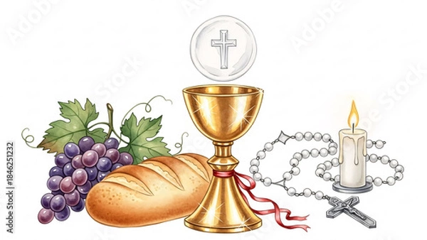 Fototapeta Rich Illustration of Sacred Christian First Communion Symbols, Including a Golden Chalice, Host, Grapes, Bread, Rosary, and a Lit Candle.