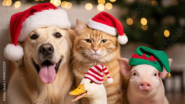 Fototapeta Adorable and Humorous Group Photo of a Dog, Cat, Duck, and Piglet Wearing Festive Santa and Elf Hats, with Blurred Christmas Lights in the Background.