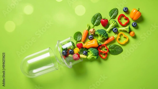 Fototapeta Natural Nutrition Concept: Clear Capsule Overflowing with Fresh Fruits and Vegetables on a Bright Green Background with Bokeh Lights.
