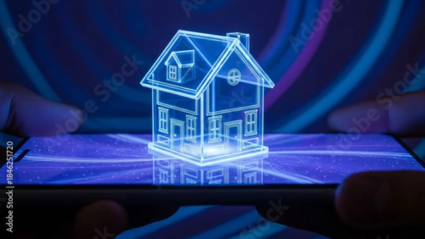 Fototapeta Smart Home Technology Concept: Holographic 3D House Outline Glowing on a Smartphone Screen Held by Hands.