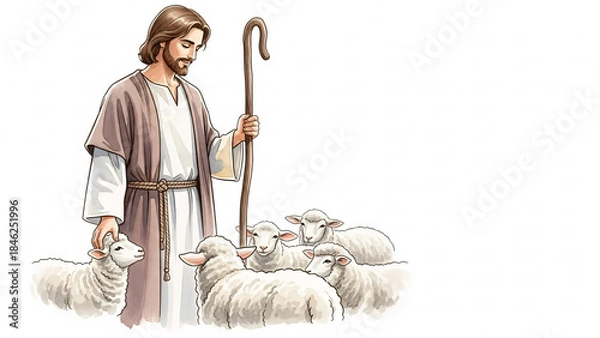Fototapeta Gentle Watercolor Illustration of Jesus Christ as a Shepherd Tending His Flock of Lambs with Care on a White Background.