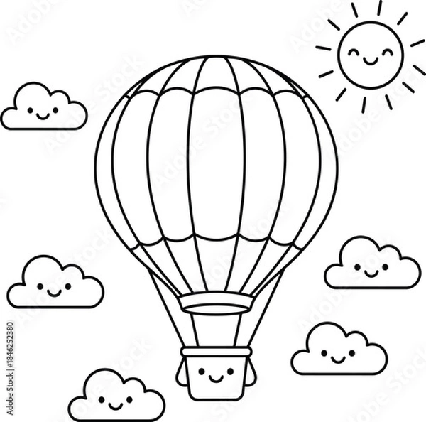 Fototapeta This charming illustration showcases a joyful hot air balloon soaring through the sky, surrounded by smiling clouds and a cheerful sun. Perfect for coloring, this delightful design encourages creativi