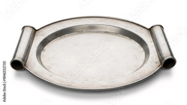 Fototapeta Old Distressed Oval Pewter Tray or Platter with Rolled Handles on a Clean White Background, Antique Metallic Dish