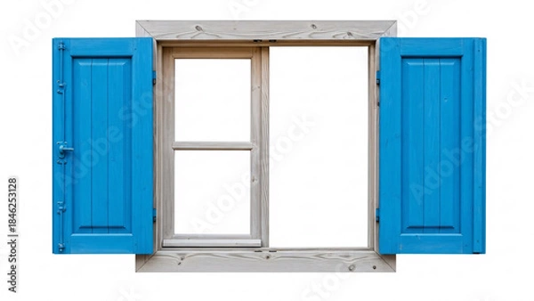 Fototapeta Traditional Wooden Window with Bright Blue Shutters Wide Open on a Clean White Background, Rustic Home Exterior Element
