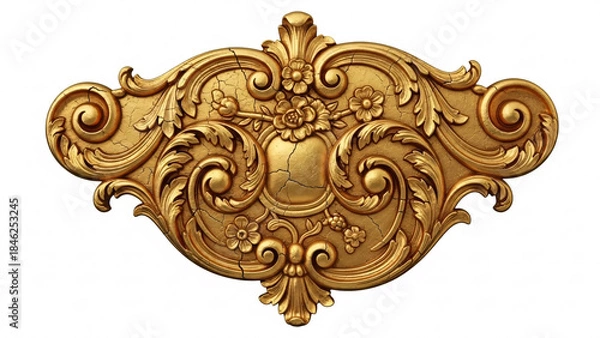 Fototapeta Ornate Golden Scrollwork Decoration with Floral Motifs and Cracked Texture, Vintage Baroque Style Architectural Element
