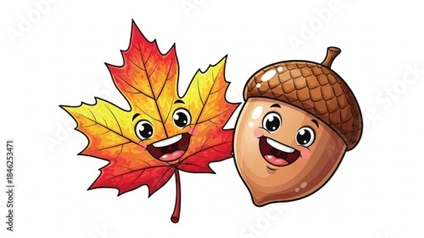 Fototapeta Cheerful Cartoon Maple Leaf and Acorn Characters Smiling Together, Whimsical Autumn Friends Illustration