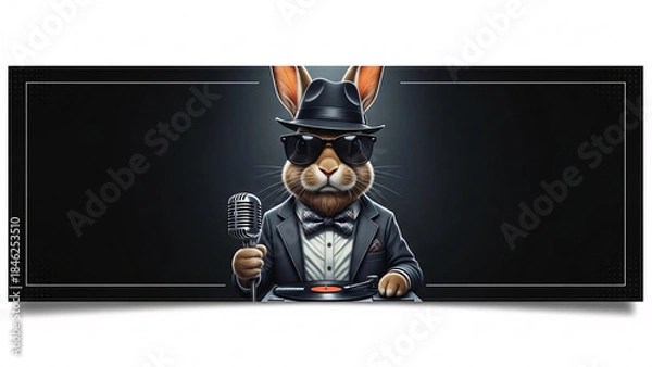 Fototapeta Cool Anthropomorphic Rabbit DJ Wearing a Suit, Hat, and Sunglasses, Holding a Retro Microphone and Playing Vinyl on a Dark Background Banner