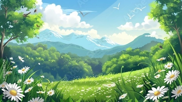 Fototapeta Anime Valley Flower Sea Healing Department Natural Landscape Illustration