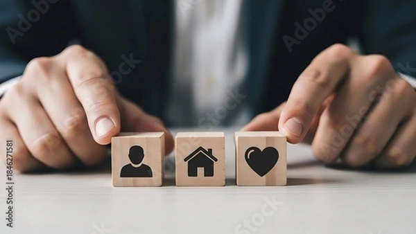 Obraz Protecting life investments a concept of care and security with wooden blocks