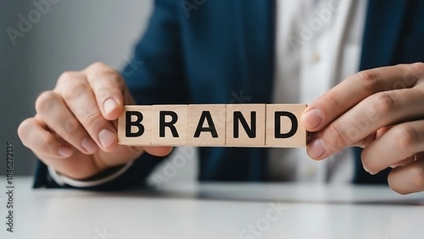 Obraz A business professional holding wooden blocks that spell out the word brand