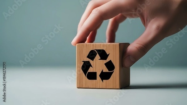 Obraz Hand placing wooden block with recycling symbol on top of another block