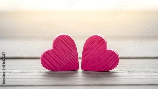 Fototapeta Two pink heart shaped objects on a wooden surface with blurred background