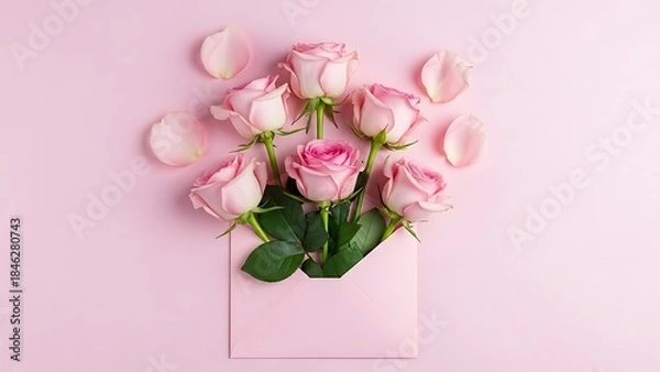 Fototapeta Soft pink roses in a light pink envelope on pastel background with petals