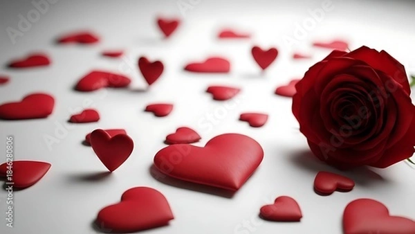 Fototapeta A romantic arrangement of red hearts and a single rose on a white background for valentine s day