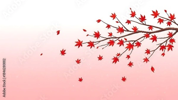 Fototapeta Vibrant red maple leaves floating against a soft pink gradient background