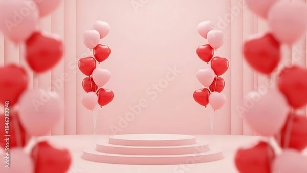 Fototapeta Valentine s day themed pink background with heart shaped balloons and a round podium