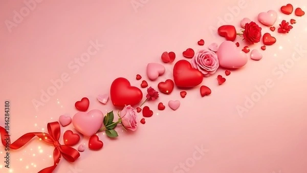 Fototapeta Romantic pink background with a cascade of red and pink hearts and flowers