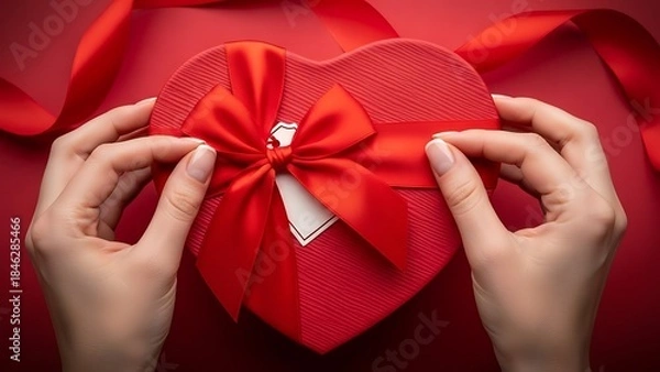 Fototapeta Romantic heart shaped gift wrapped in red paper with a bow