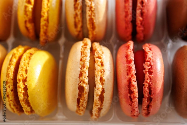Fototapeta Macro detail of colorful macarons texture in plastic tray