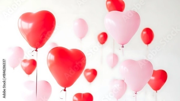 Fototapeta A cluster of red and pink heart shaped balloons floating against a white background