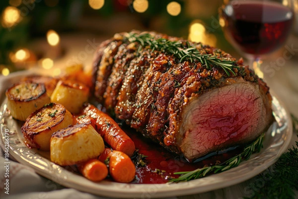 Obraz Delicious lamb rack with roasted vegetables served in a cozy dining setting