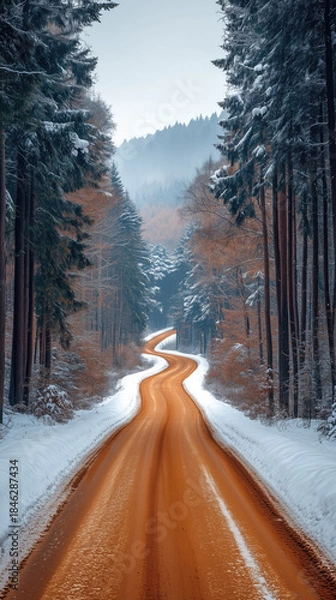 Obraz Snowy winter road winding through a forest with colorful leaves in the background