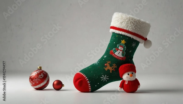 Obraz Festive Christmas Stocking with Snowman Pattern. generative ai