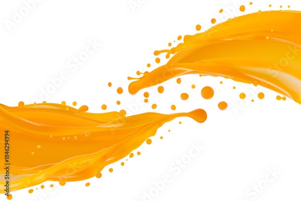 Obraz Flows of fresh orange color carrot or mango juice connect with dynamic splashes, flying drops, isolated on white background. Healthy organic drink for design of detox diet menu, fitness cuisine.