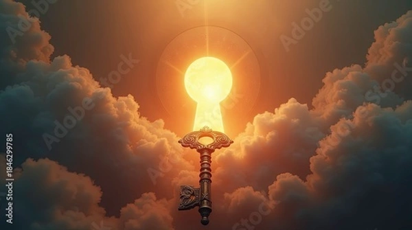 Fototapeta An ornate antique key towards a giant glowing keyhole in the space with intense golden light rays and warm orange-red illumination bursting outward, symbolizing opportunity and unlocking potential.