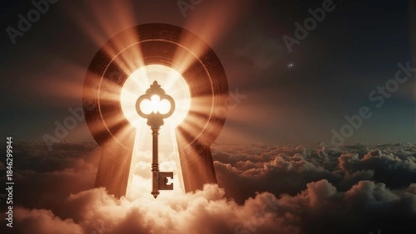 Fototapeta An ornate antique key towards a giant glowing keyhole in the space with intense golden light rays and warm orange-red illumination bursting outward, symbolizing opportunity and unlocking potential.