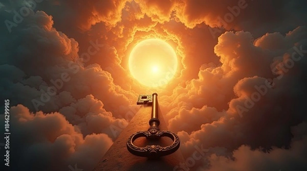 Fototapeta An ornate antique key towards a giant glowing keyhole in the space with intense golden light rays and warm orange-red illumination bursting outward, symbolizing opportunity and unlocking potential.
