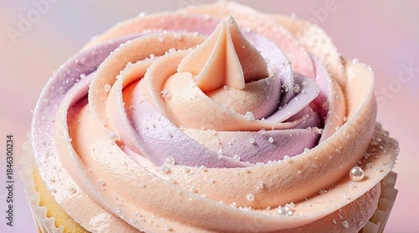 Fototapeta Macro photograph of whipped buttercream frosting in soft pastel colors swirled in elegant rose-like patterns.