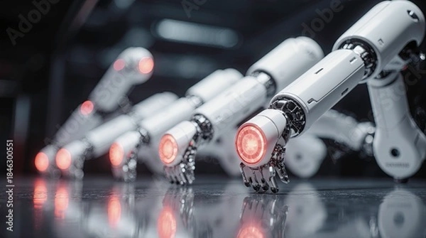 Fototapeta Robotic arms in a row sleek white mechanical design with glowing red circular lights, aligned on a glossy reflective surface, giving a high-tech industrial atmosphere.