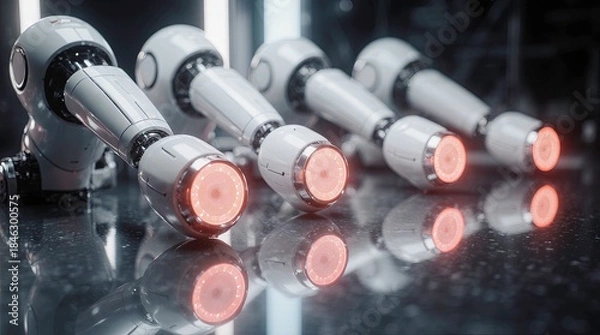 Fototapeta Robotic arms in a row sleek white mechanical design with glowing red circular lights, aligned on a glossy reflective surface, giving a high-tech industrial atmosphere.