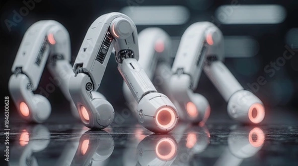 Fototapeta Robotic arms in a row sleek white mechanical design with glowing red circular lights, aligned on a glossy reflective surface, giving a high-tech industrial atmosphere.