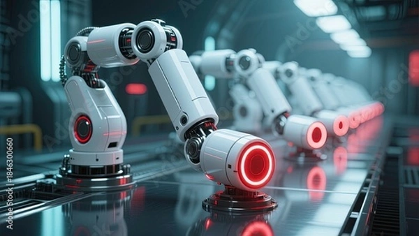 Fototapeta Robotic arms in a row sleek white mechanical design with glowing red circular lights, aligned on a glossy reflective surface, giving a high-tech industrial atmosphere.