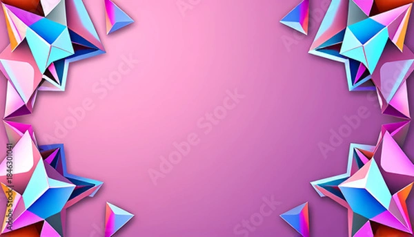 Fototapeta Abstract Holographic Faceted Geometric Shapes Frame in Neon Pink, Purple, Blue Tones: Symmetrical Border on Soft Gradient Lilac Background for Modern Futuristic Graphic